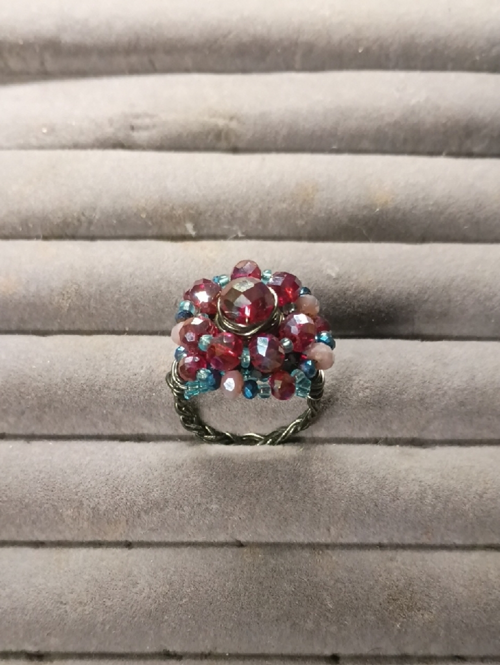 Handcrafted Pink and Blue Beaded Flower Ring